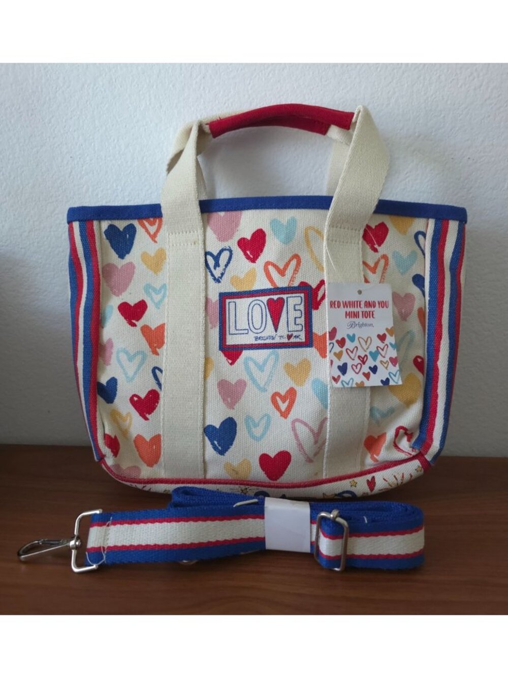 NWT BRIGHTON Red White & You Mini Canvas Love Hearts Tote Crossbody Bag